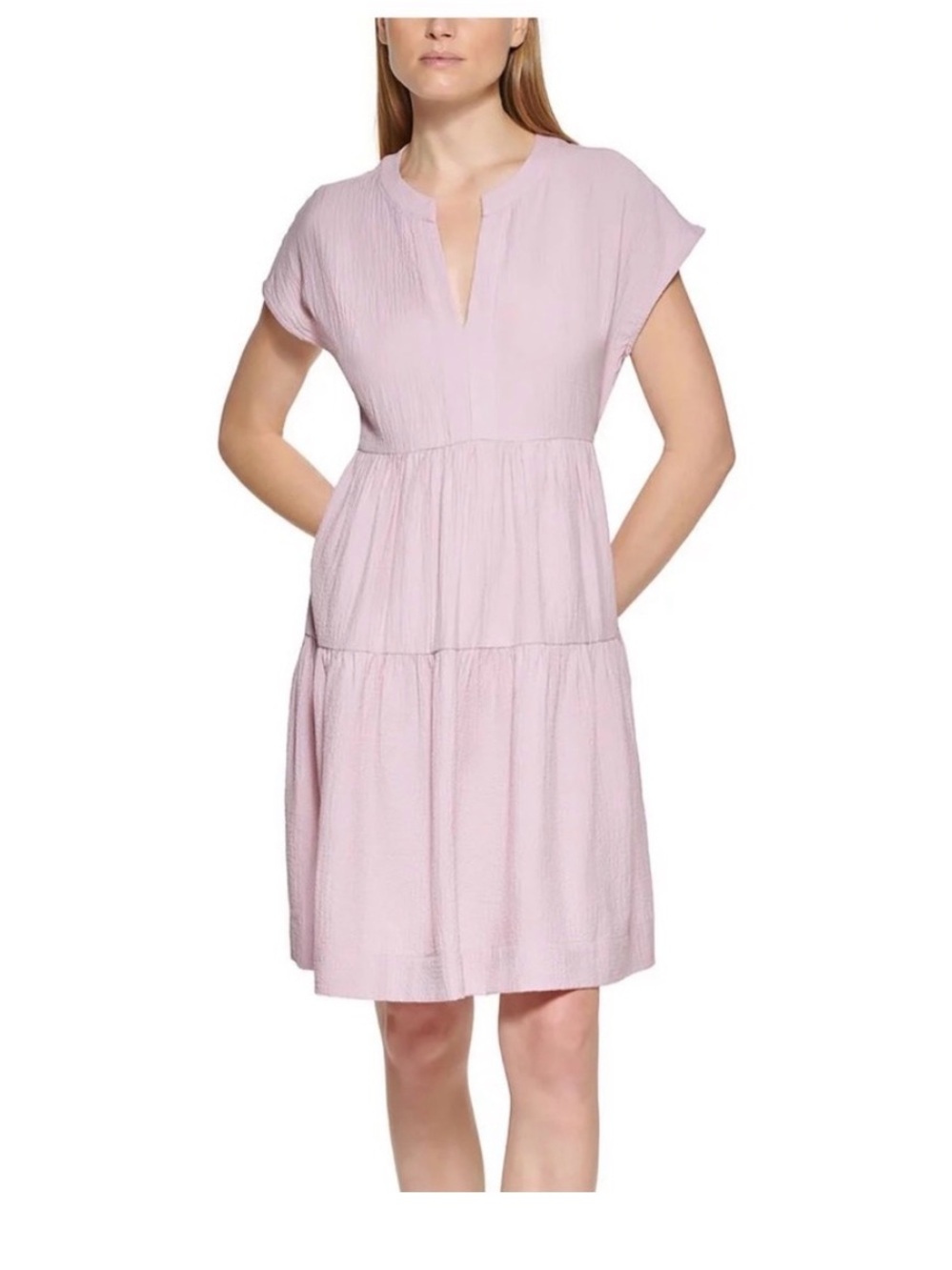 Light Pink Tiered Womens Pink Back Tie Short Sleeve Split Shift Dress